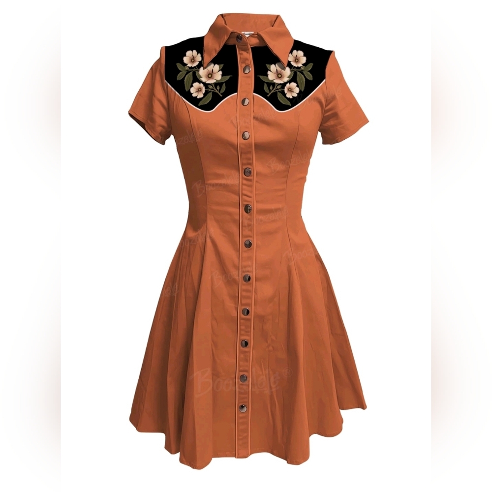 BoozeLele Western Dress – Retro Floral Print – Orange – Size XL